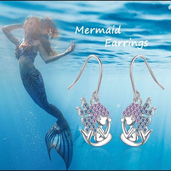 Sterling Silver Crystal Mermaid Earrings - Picture 2 of 7